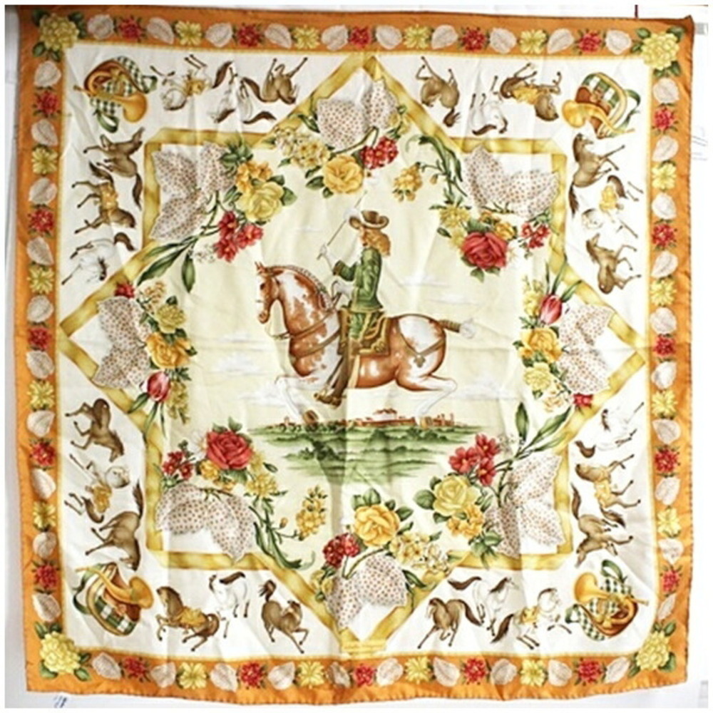 Salvatore Ferragamo Silk Scarf/Muffler, Cream x Orange, Floral & Horse Patter...
